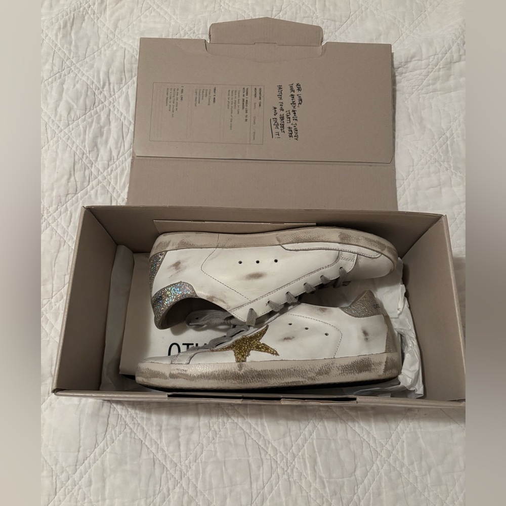 Golden Goose Superstar white gold glitter low top sneakers. Size 37. Like new.